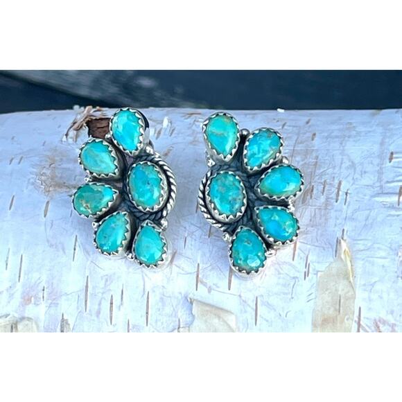 Native American Style Sterling Silver Turquoise Half Cluster Earrings Southwest - Picture 1 of 6